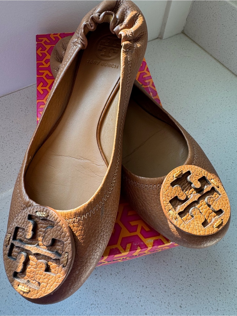 Tory Burch Tan Leather Reva Ballet Flats